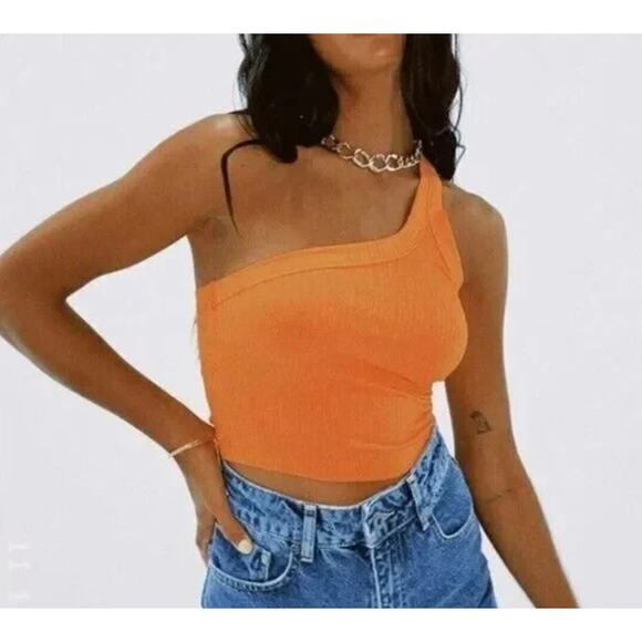 Lioness One Shoulder Cropped Orange Ribbed Tank Small Stretchy - Picture 1 of 6